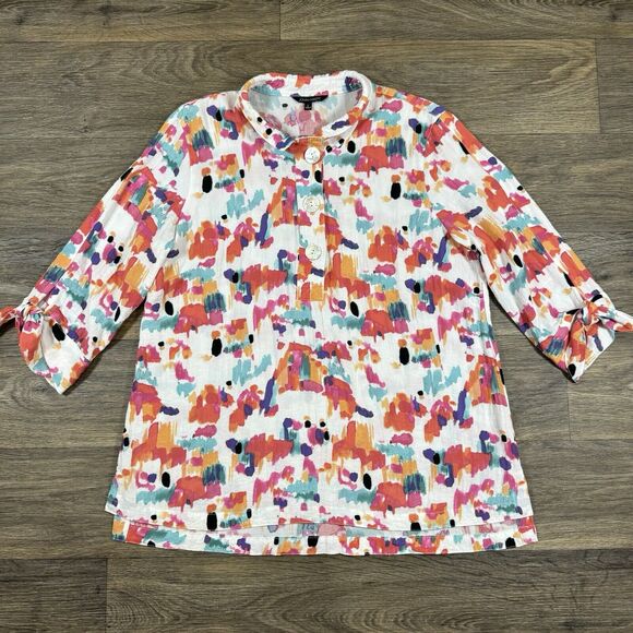 John Mark Abstract Floral Button Down Top Stand Wire Collar Tied 3/4 Sleeve Sz L - Picture 1 of 11
